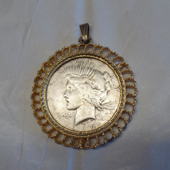 $$$$$$ Jewelry - 1923 Liberty Head Silver Dollar Goldtone Pendant